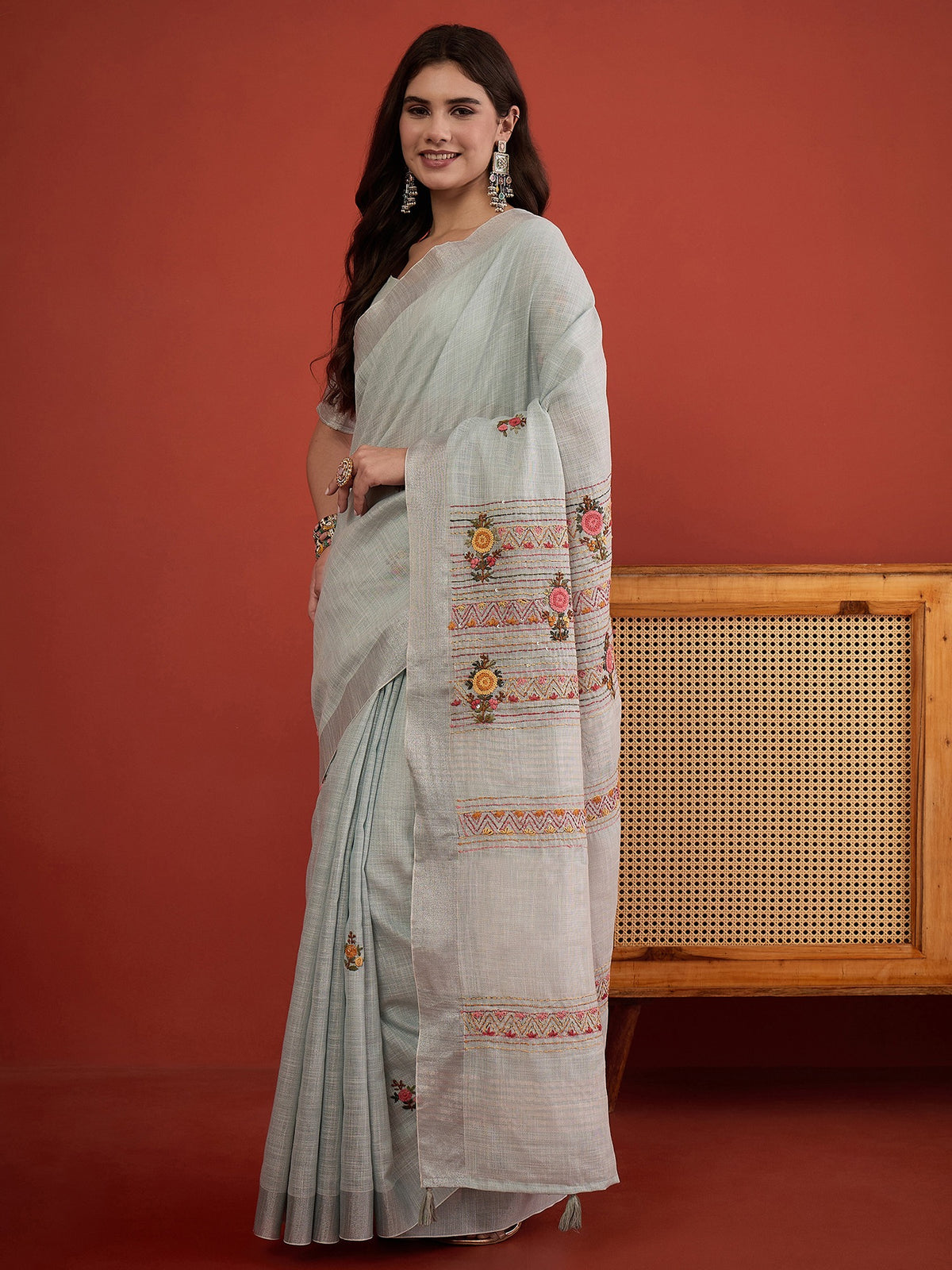 Light Blue linen blend saree view 3