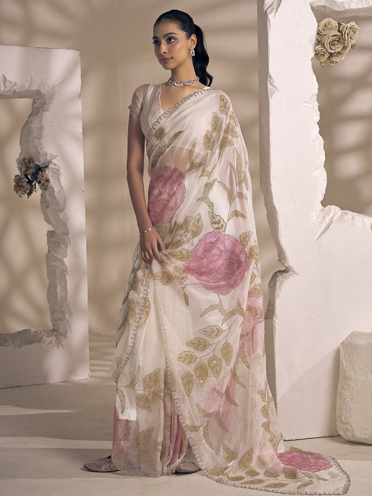 Off White organza saree view 2