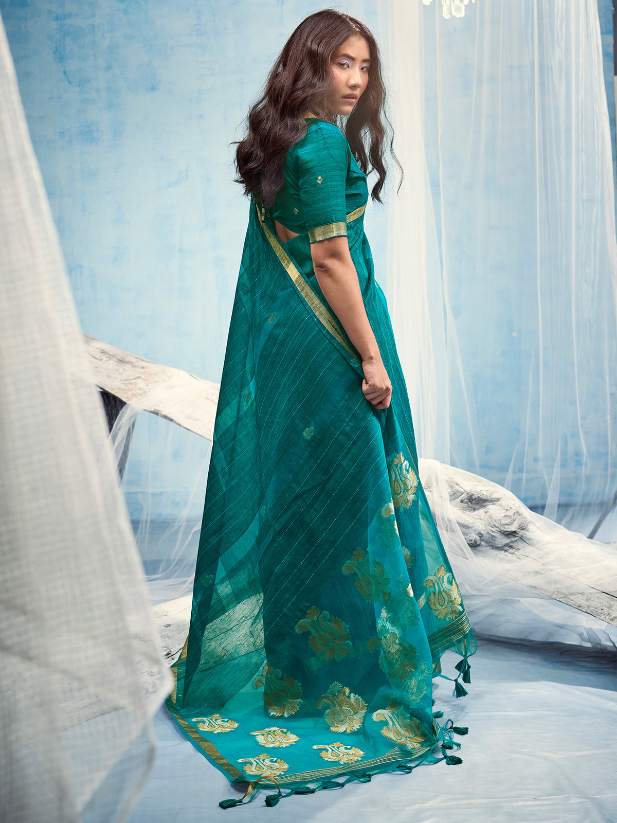 Teal Blue Muga Silk saree – detail view 1