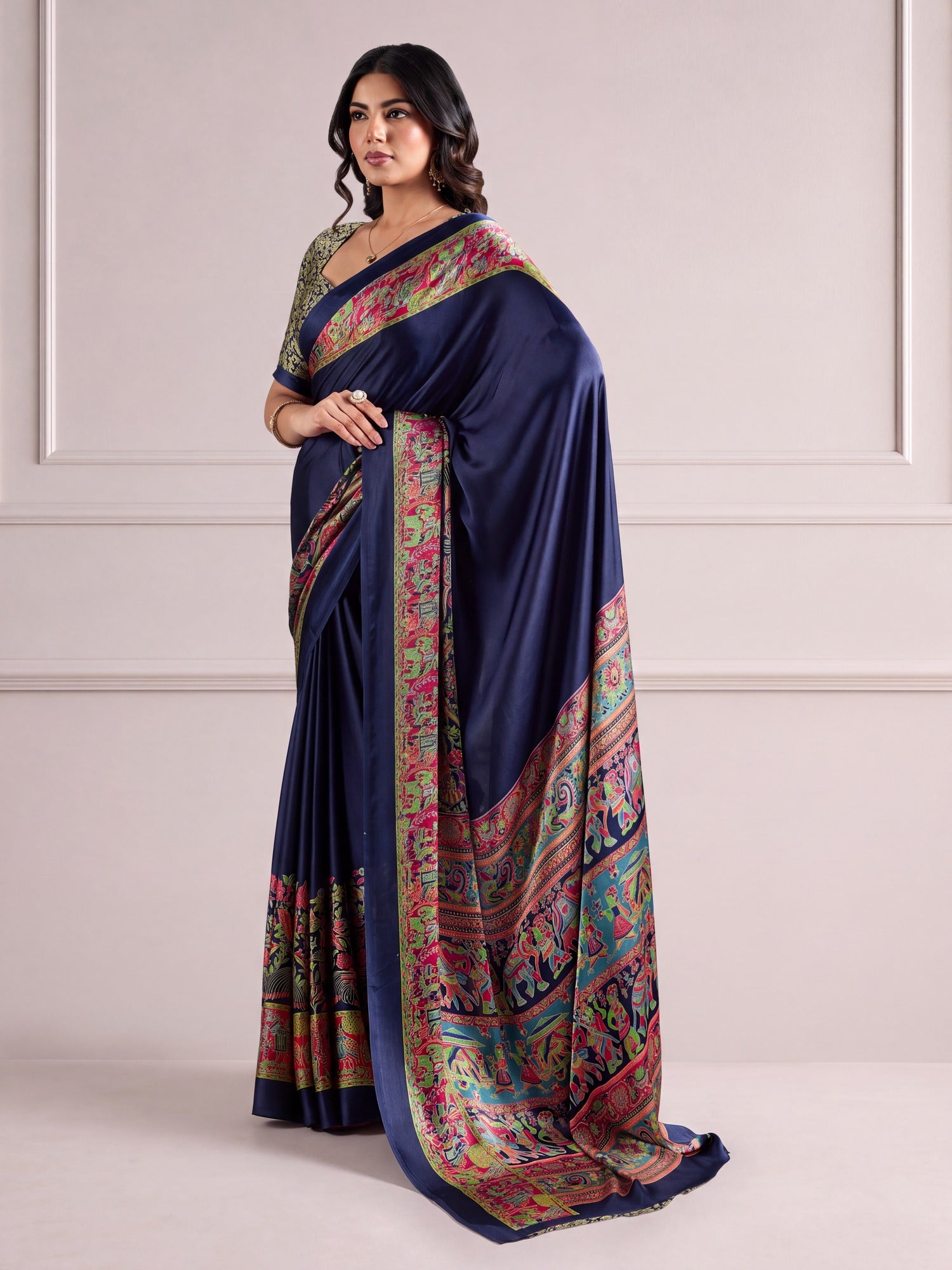 Navy Blue Satin saree – detail view 3