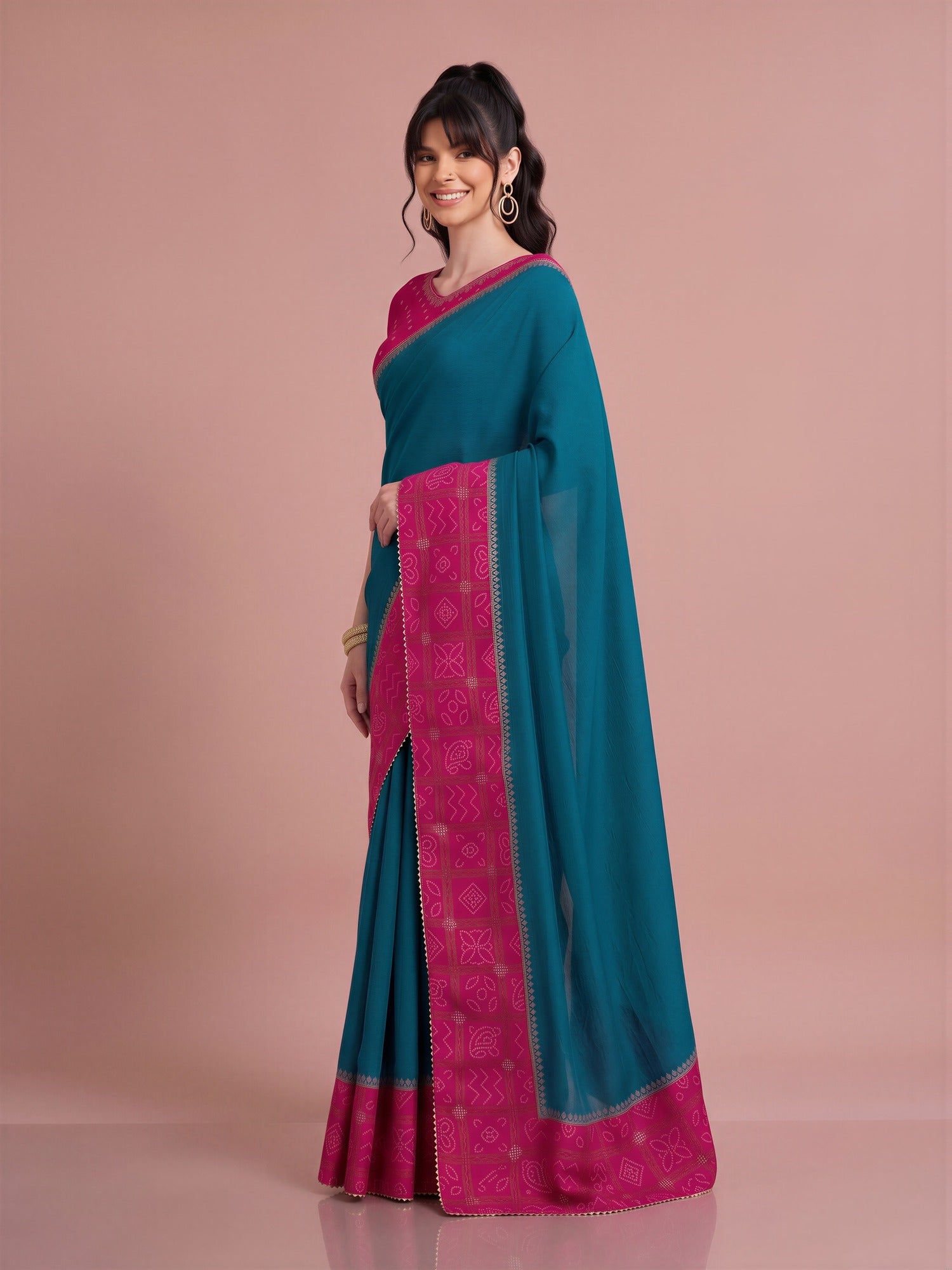 Teal Blue Vichitra Silk saree – detail view 2