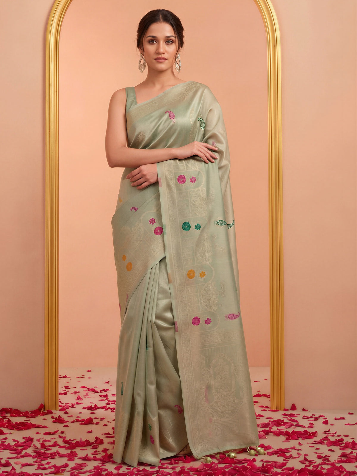 Sea Green silk blend saree view 3