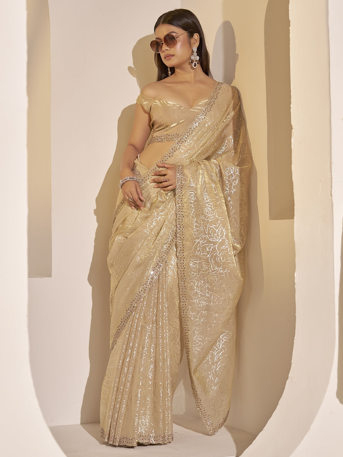 Beige satin silk saree view 4