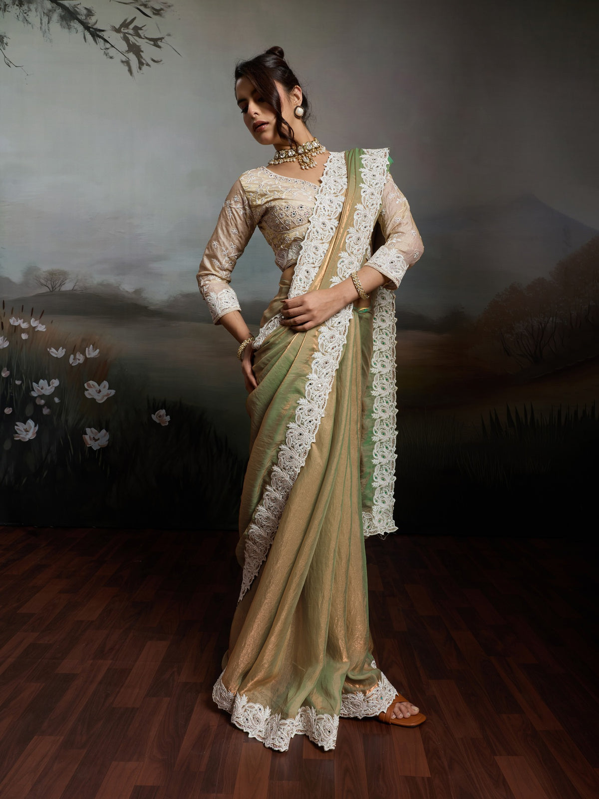Beige Satin Silk saree – detail view 3