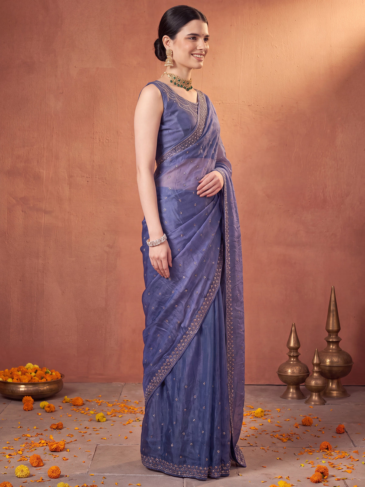Blue Satin Silk saree – detail view 2