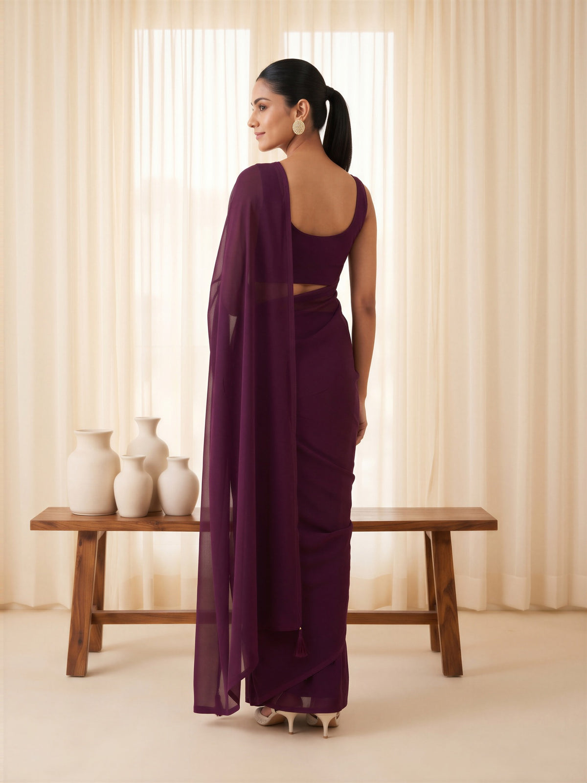 Wine Georgette saree – detail view 1