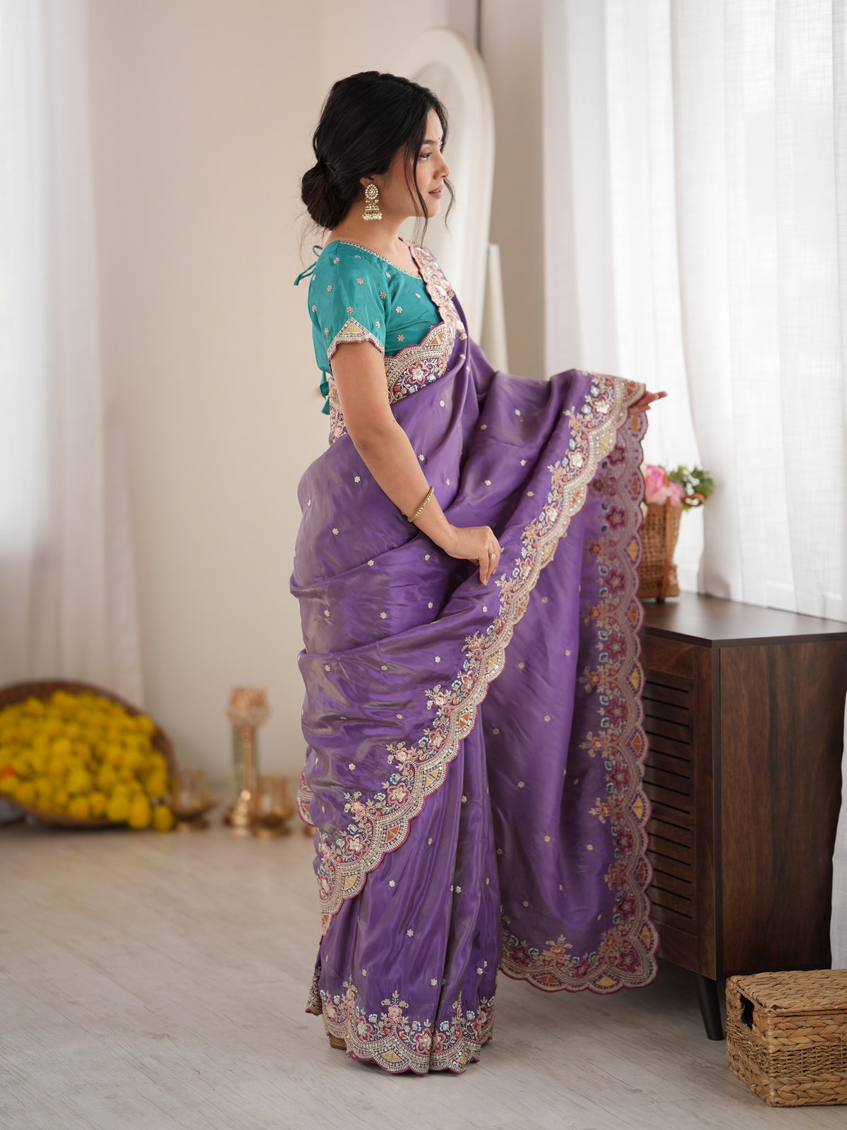 Lavender Satin saree – detail view 1