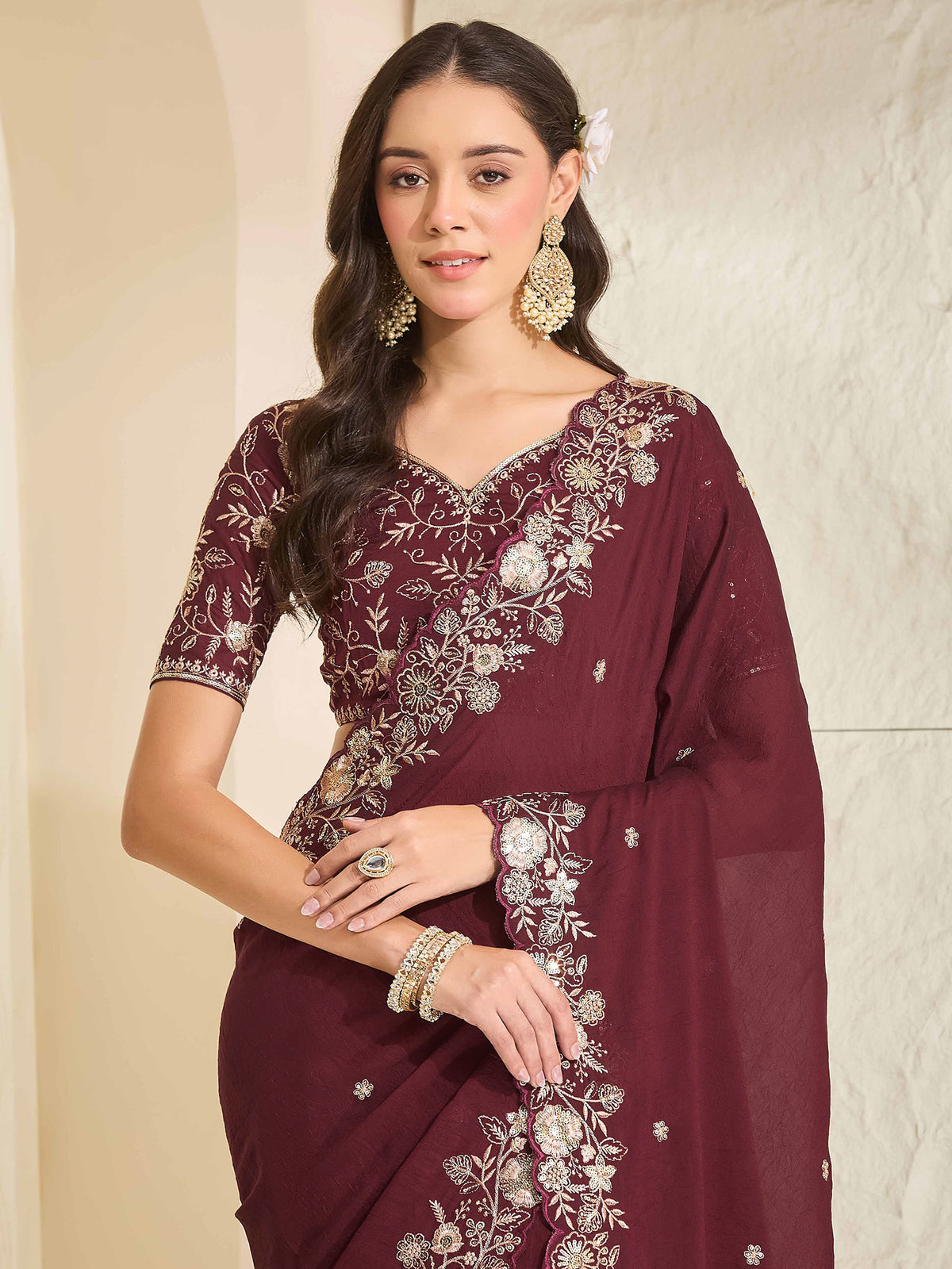 Maroon Georgette saree – detail view 4