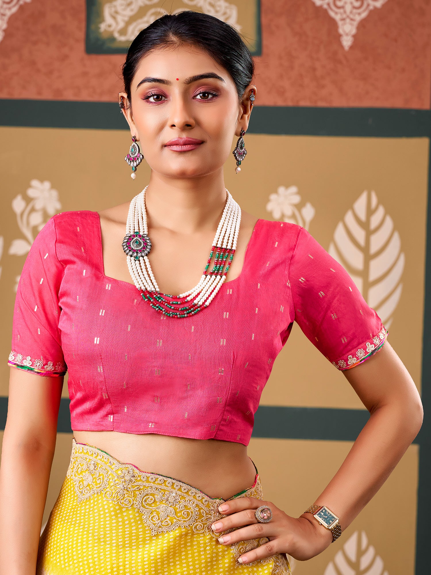 Unstitched pink banarasi silk blouse piece with zari butta design