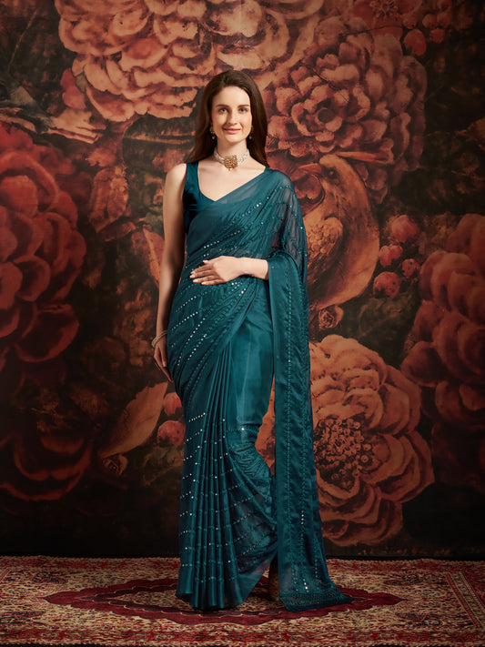 Teal Blue Satin Saree