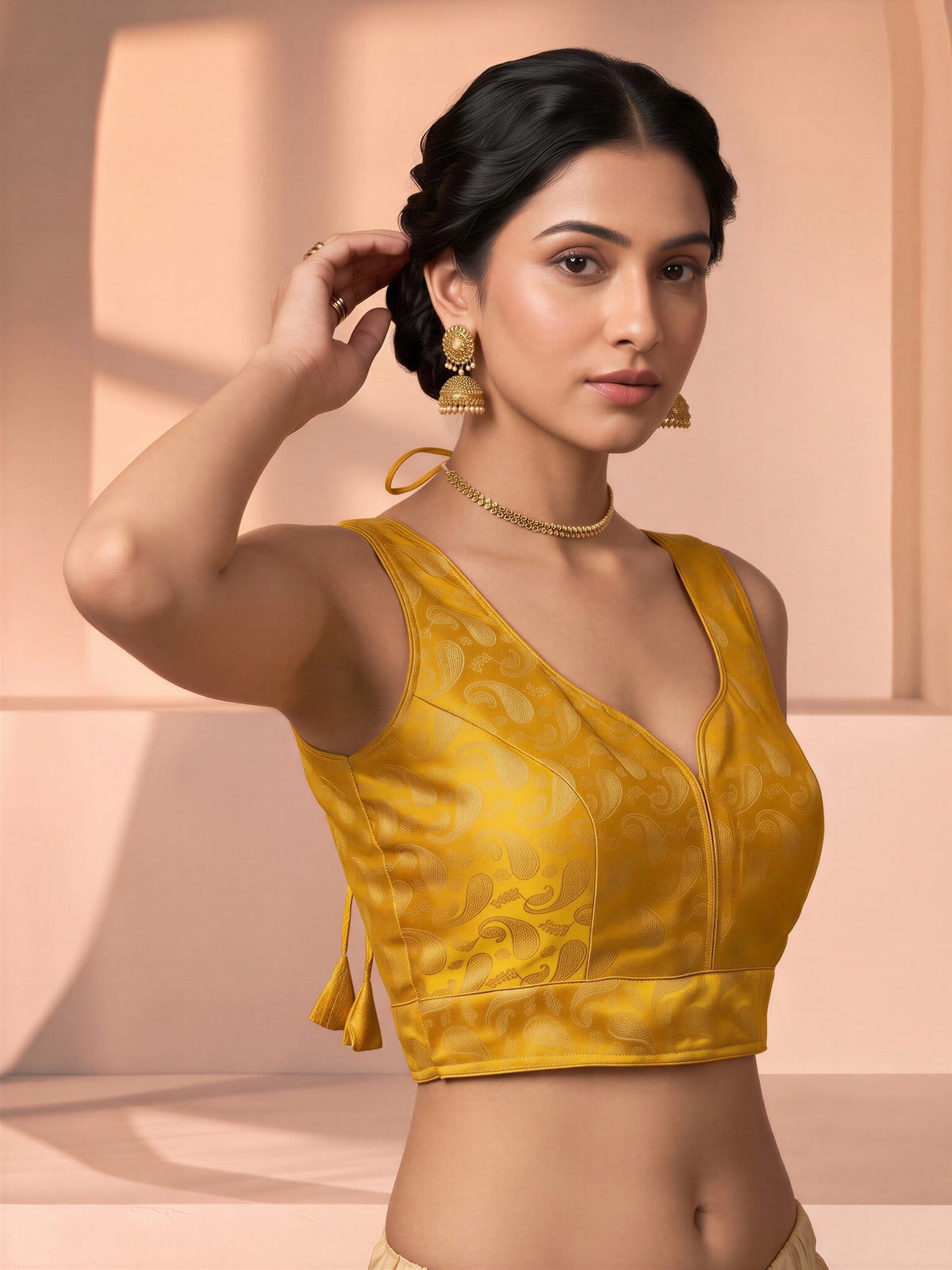 Mustard woven brocade silk blend sleeveless readymade saree blouse with v neck view 3