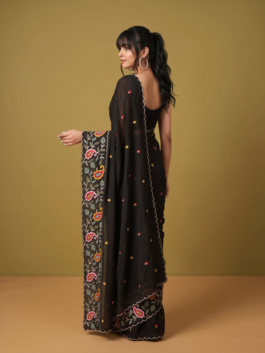 Black Georgette saree – detail view 1