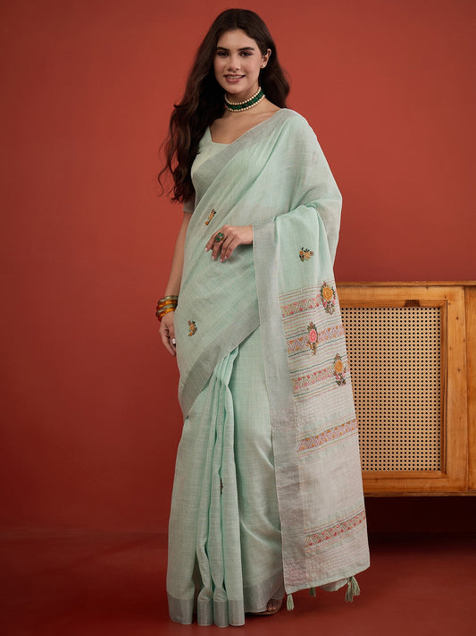 Light Blue embroidered linen blend saree with light blue blouse piece