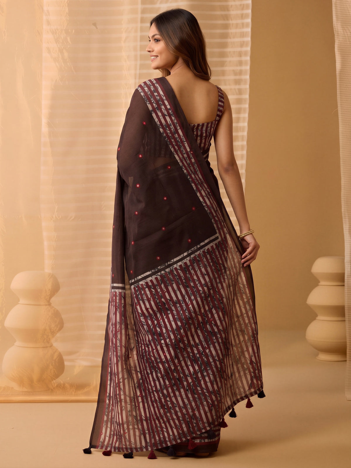 Dark Brown linen saree view 1