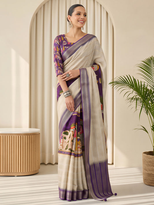 Woman wearing purple viscose silk saree with kalamkari narrative motif work and purple blouse