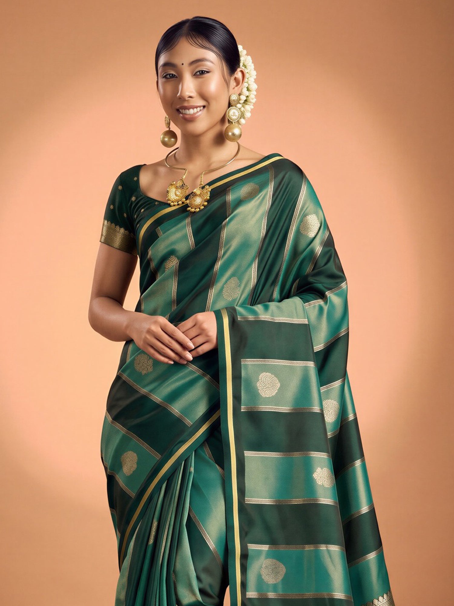 Green Satin saree – detail view 3