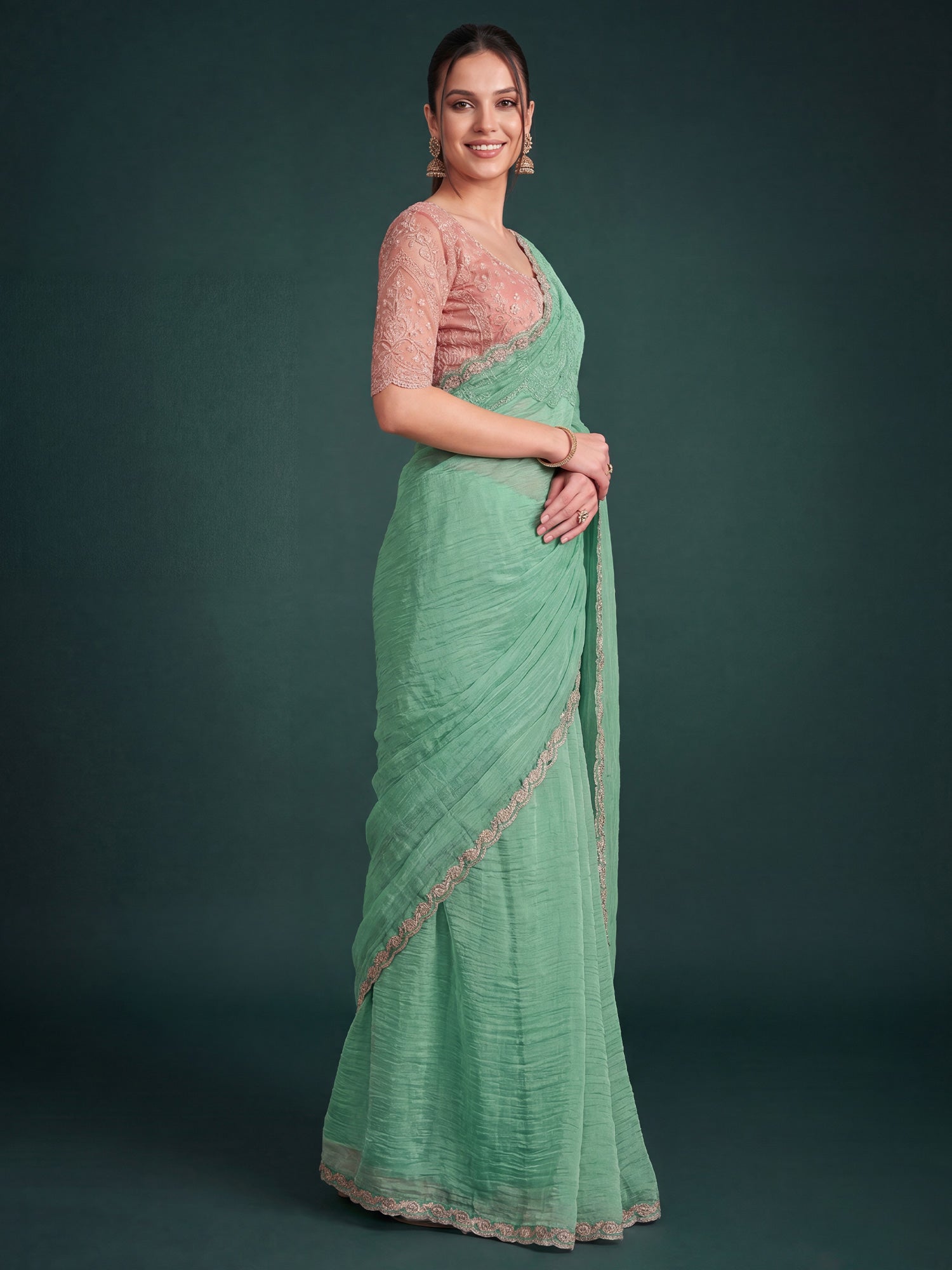 Turquoise Georgette saree – detail view 2