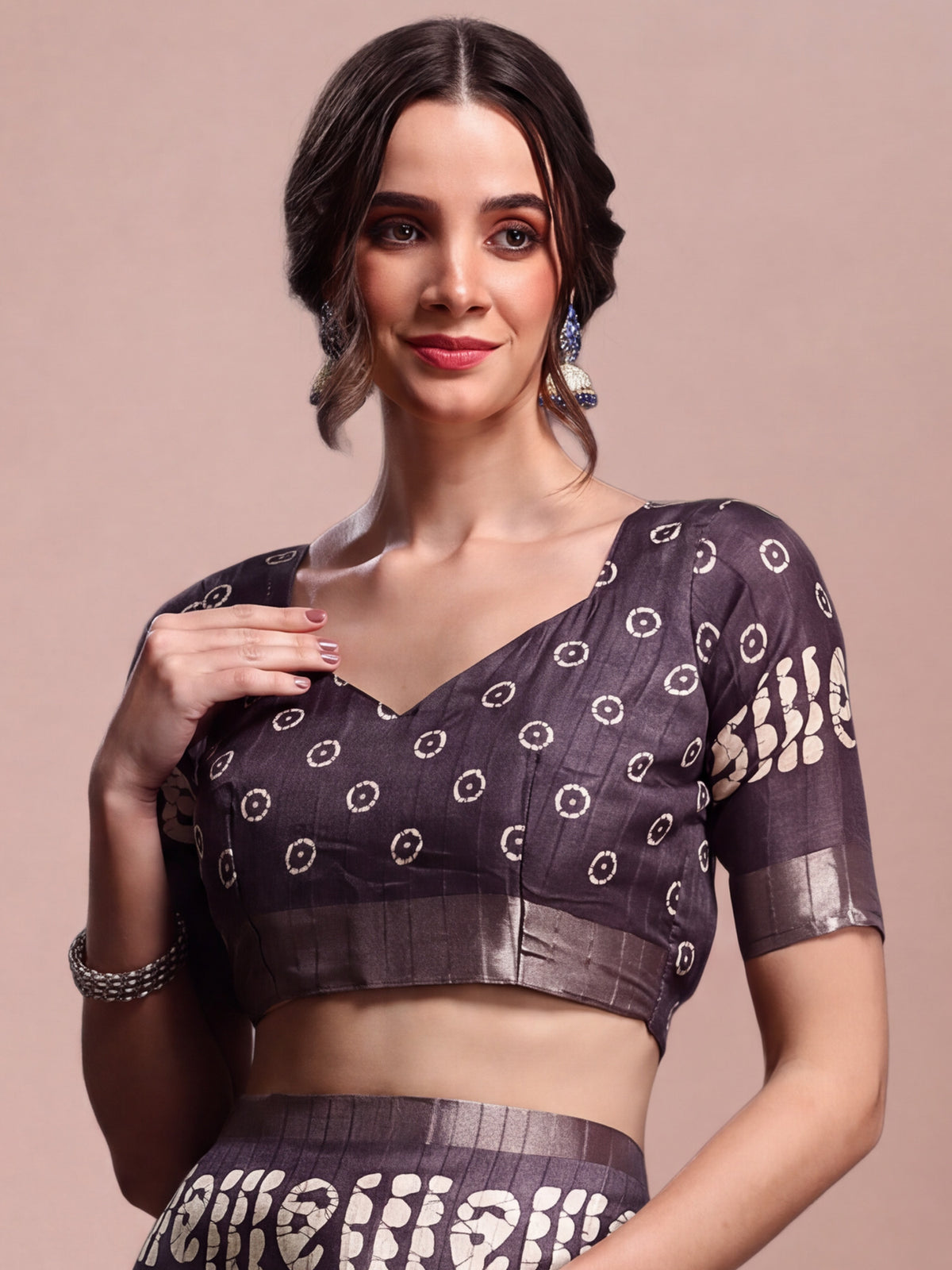 Unstitched violet silk blend blouse piece with floral design