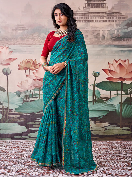 Woman wearing teal green georgette saree with bandhani tie-dye dot work and maroon blouse