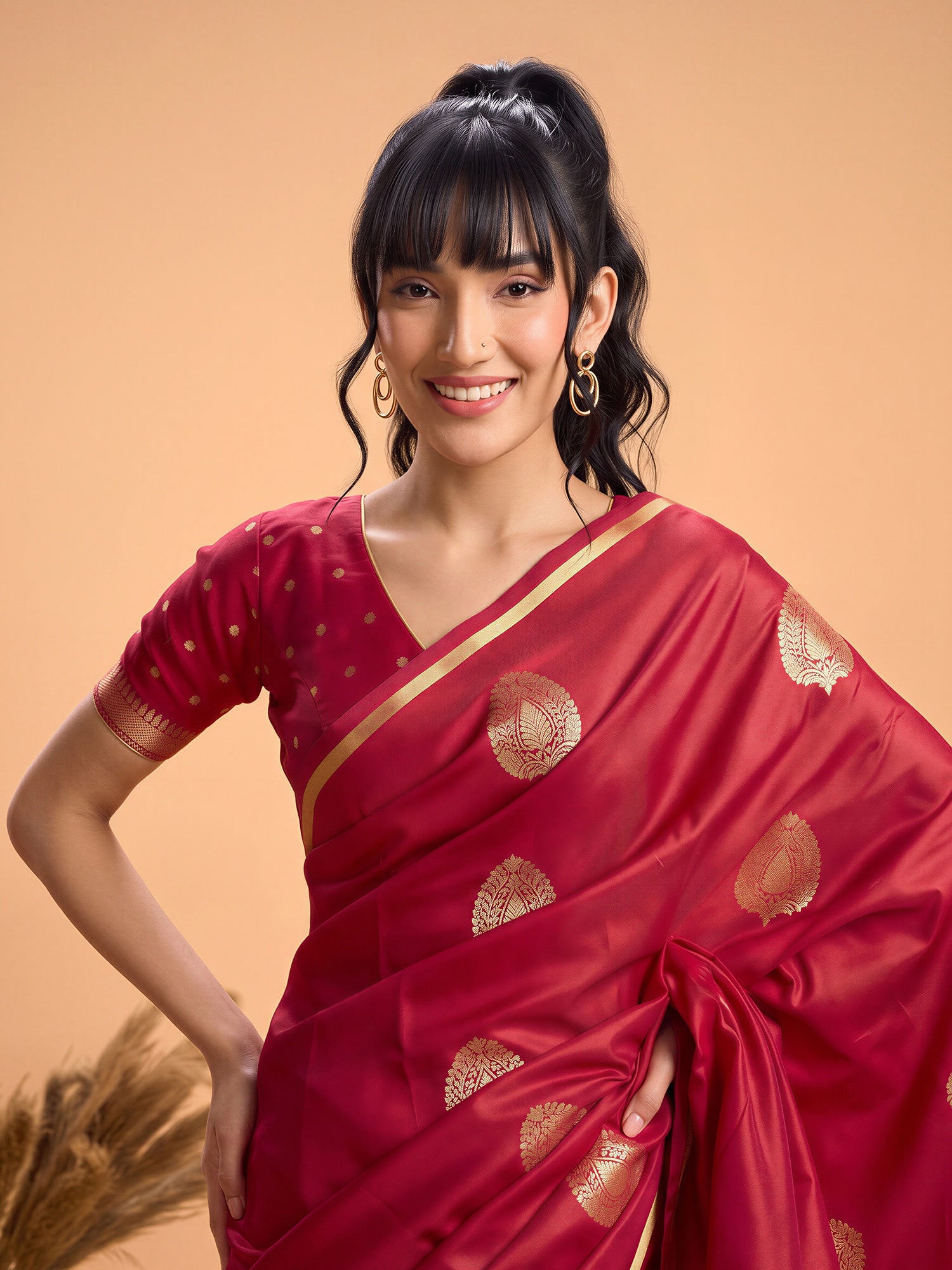 Red Satin Silk saree – detail view 4