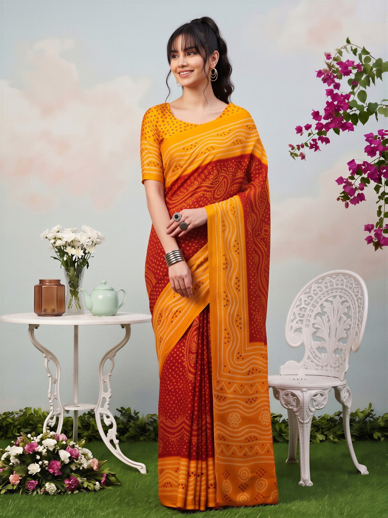 Red Satin Silk saree – detail view 3
