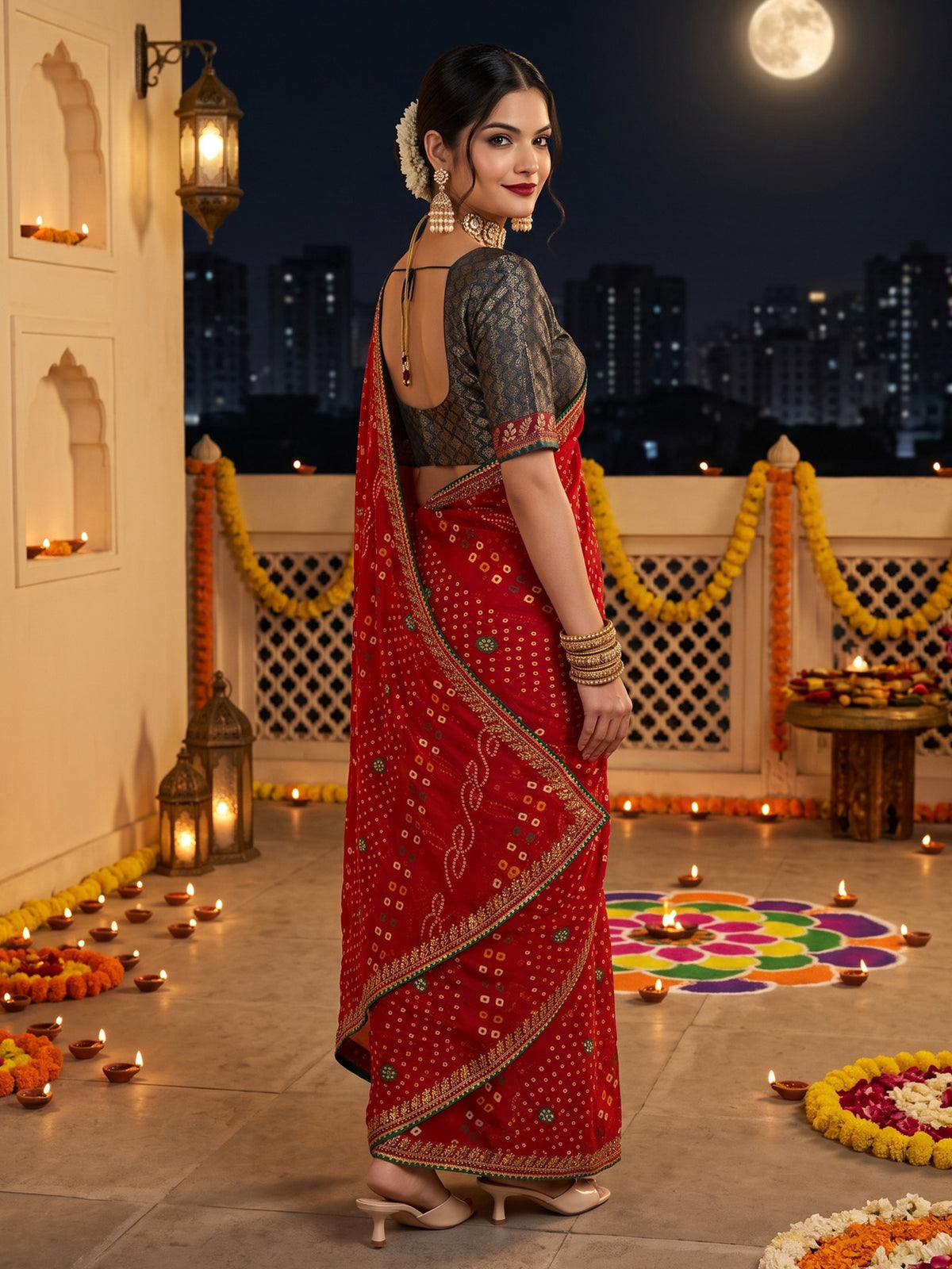 Red Georgette saree – detail view 3