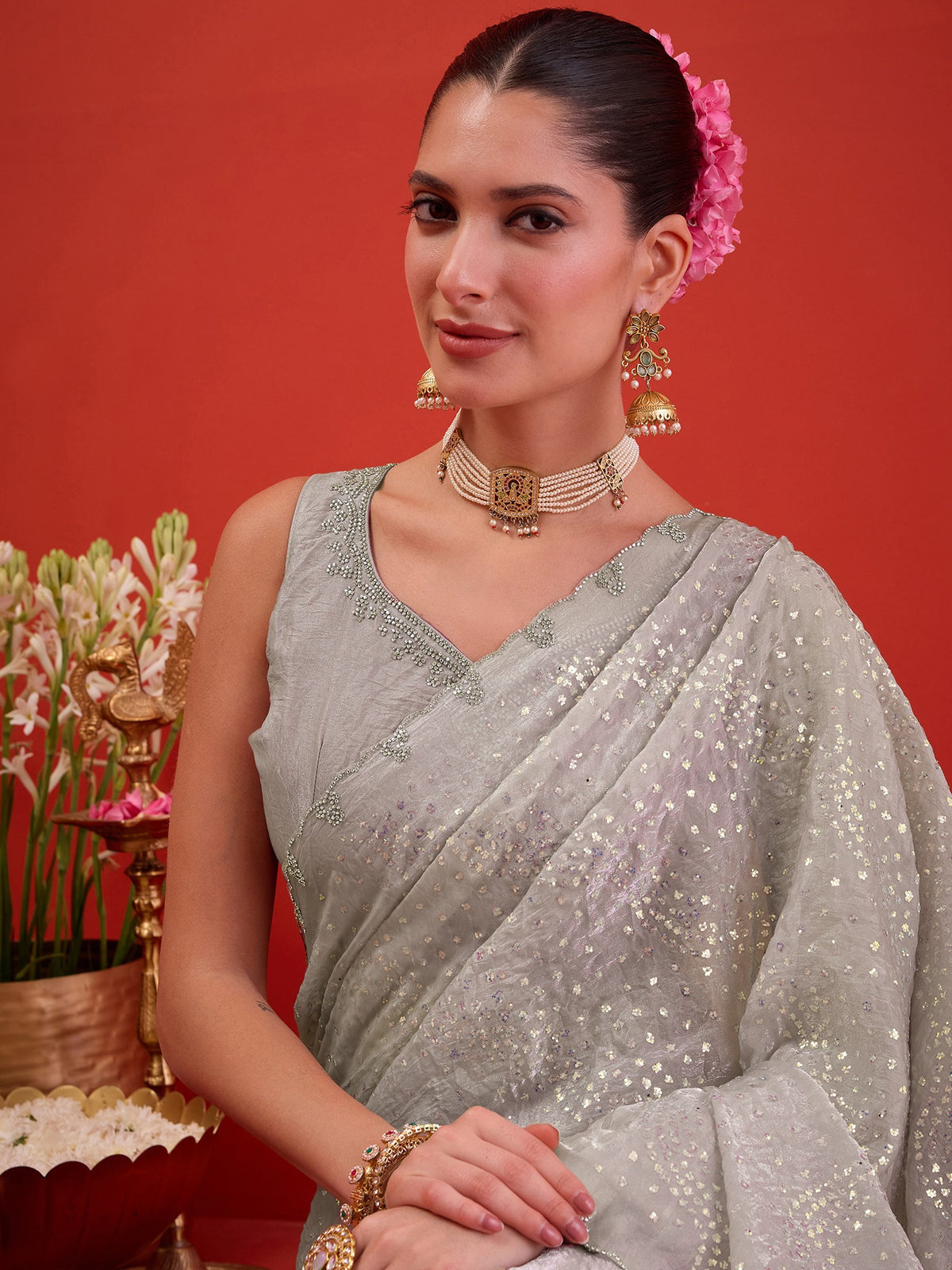Grey Satin saree – detail view 2