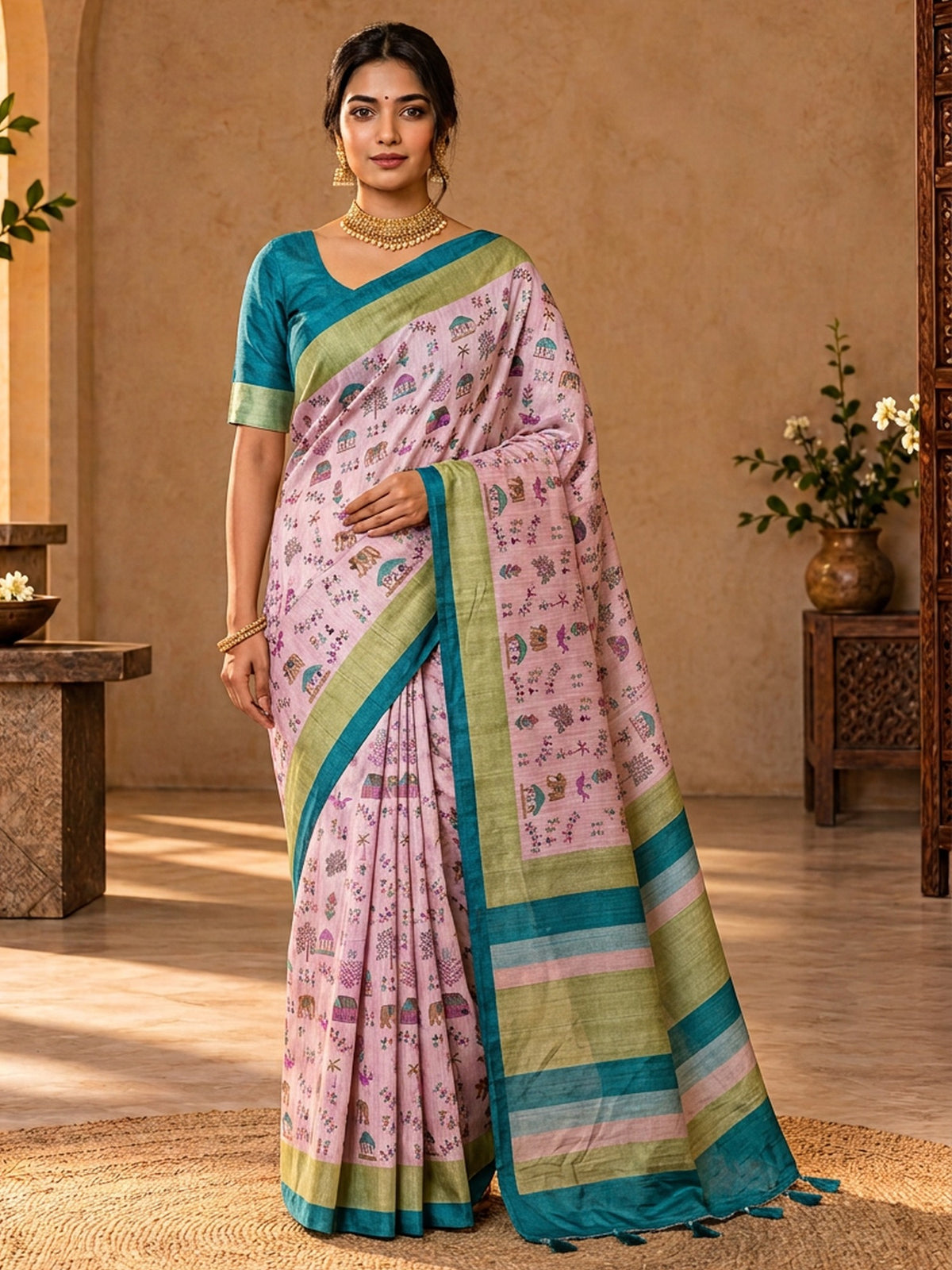 Lavender tribal soft silk saree with turquoise blue blouse piece