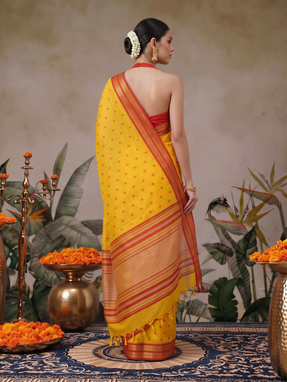 Mustard cotton blend saree view 1