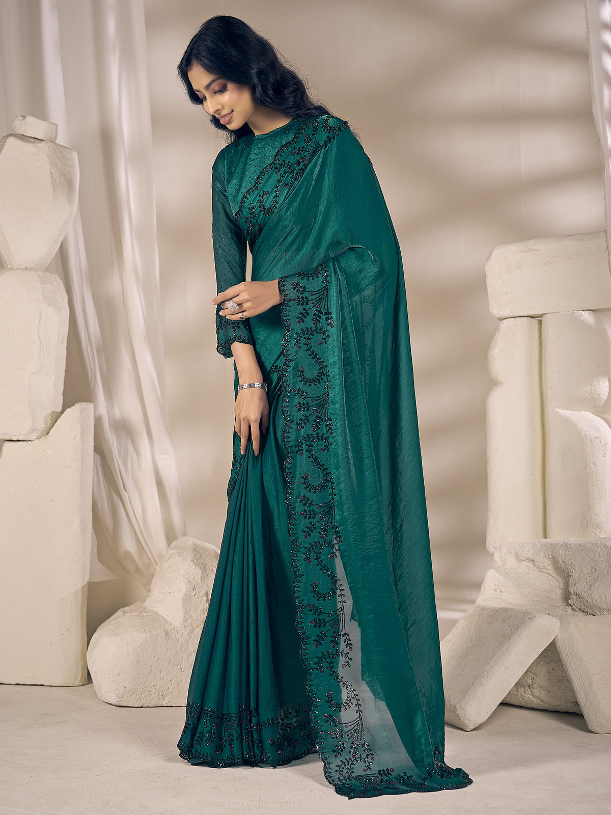 Teal Green satin silk saree view 2