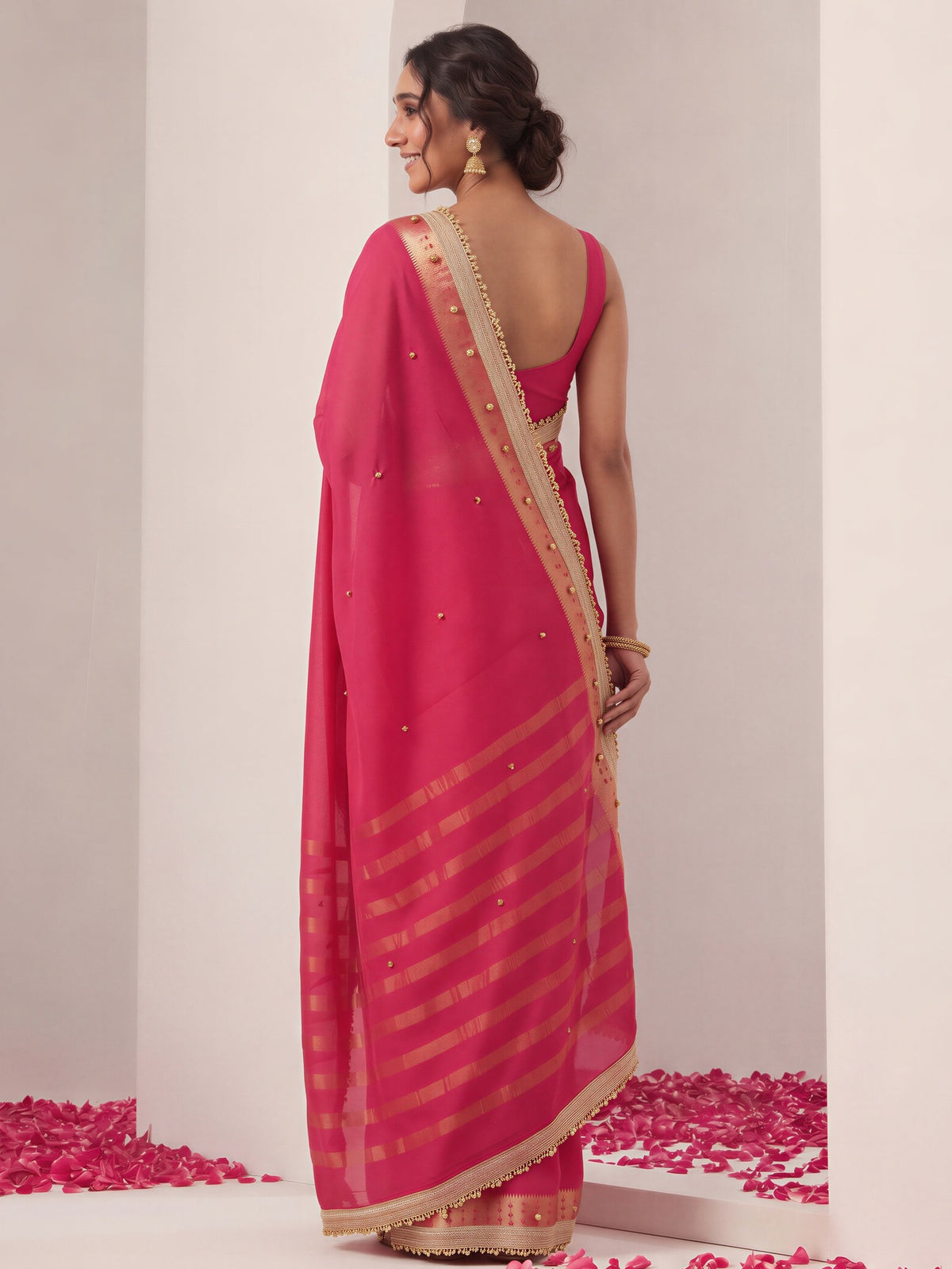 Pink soft silk saree view 1