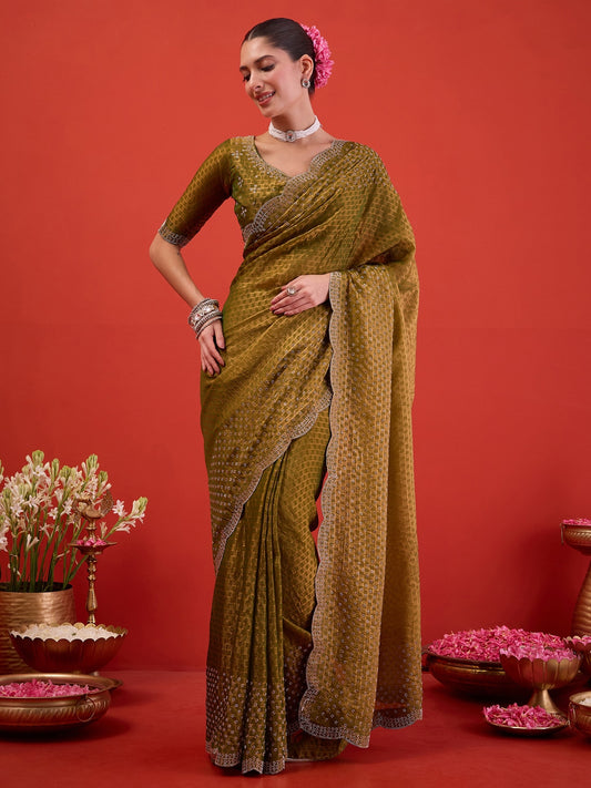 Woman wearing olive satin saree with ornamented surface design and olive blouse