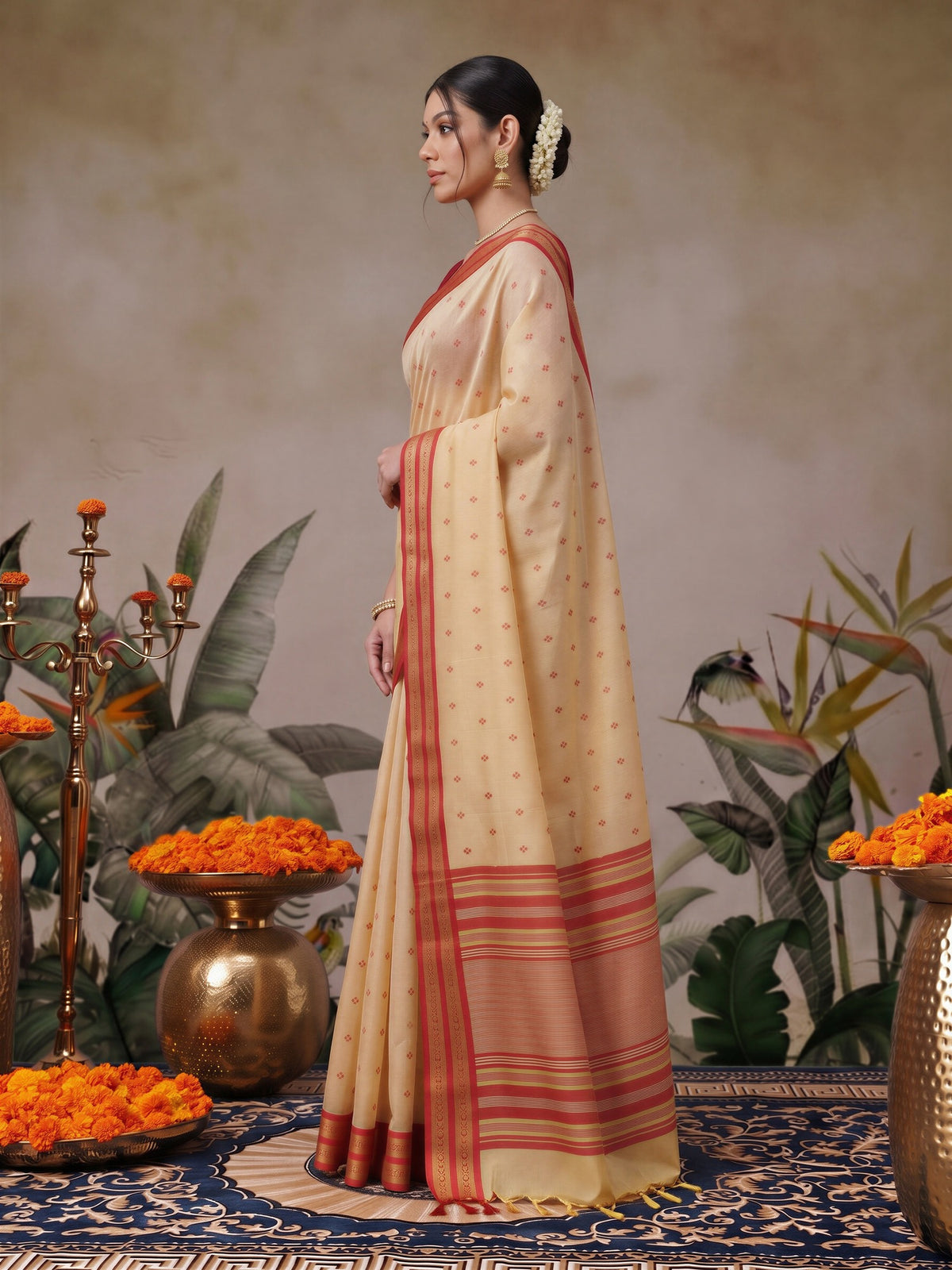 Cream cotton blend saree view 2