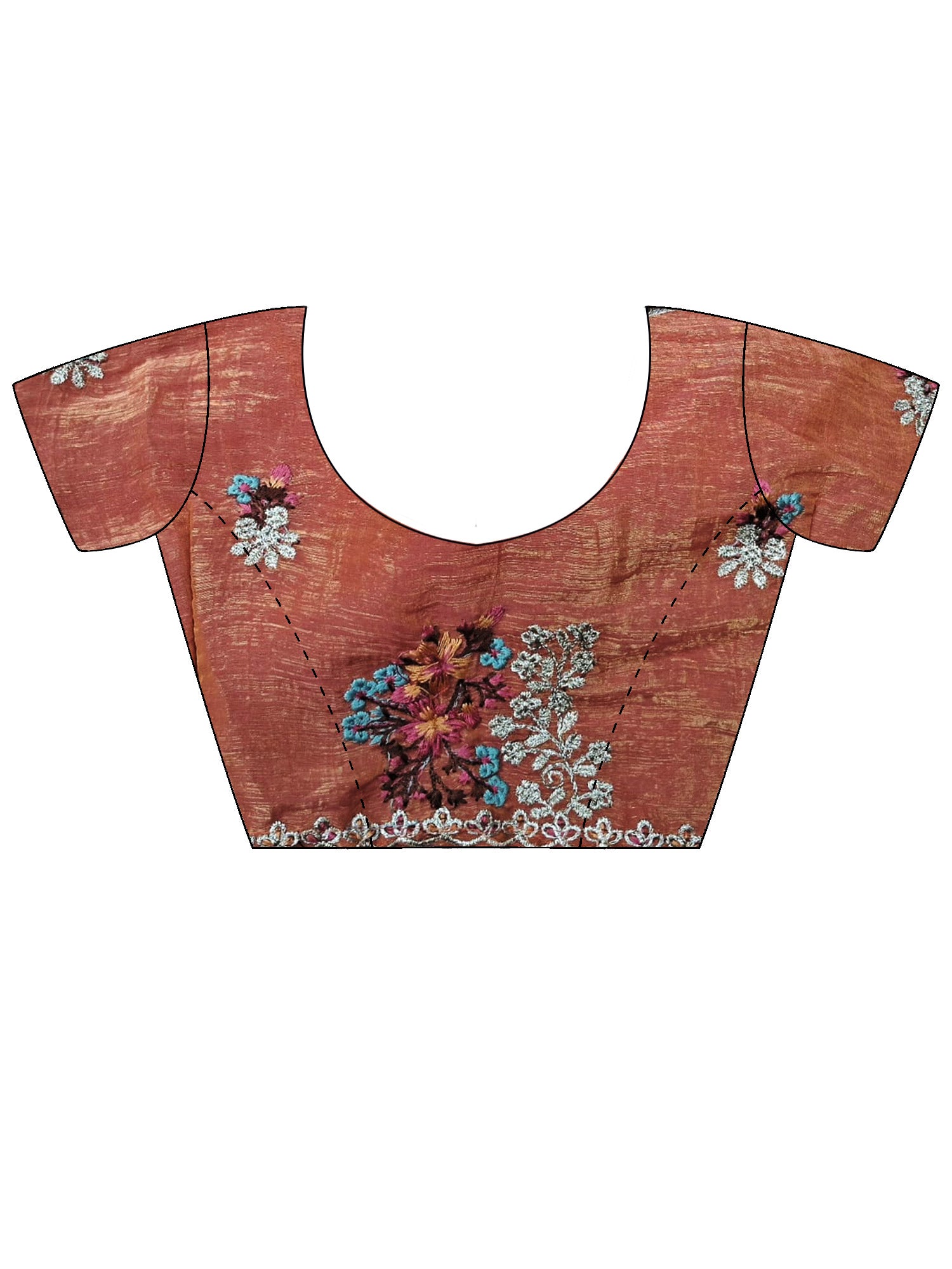 Unstitched peach tissue blouse piece with embroidered design