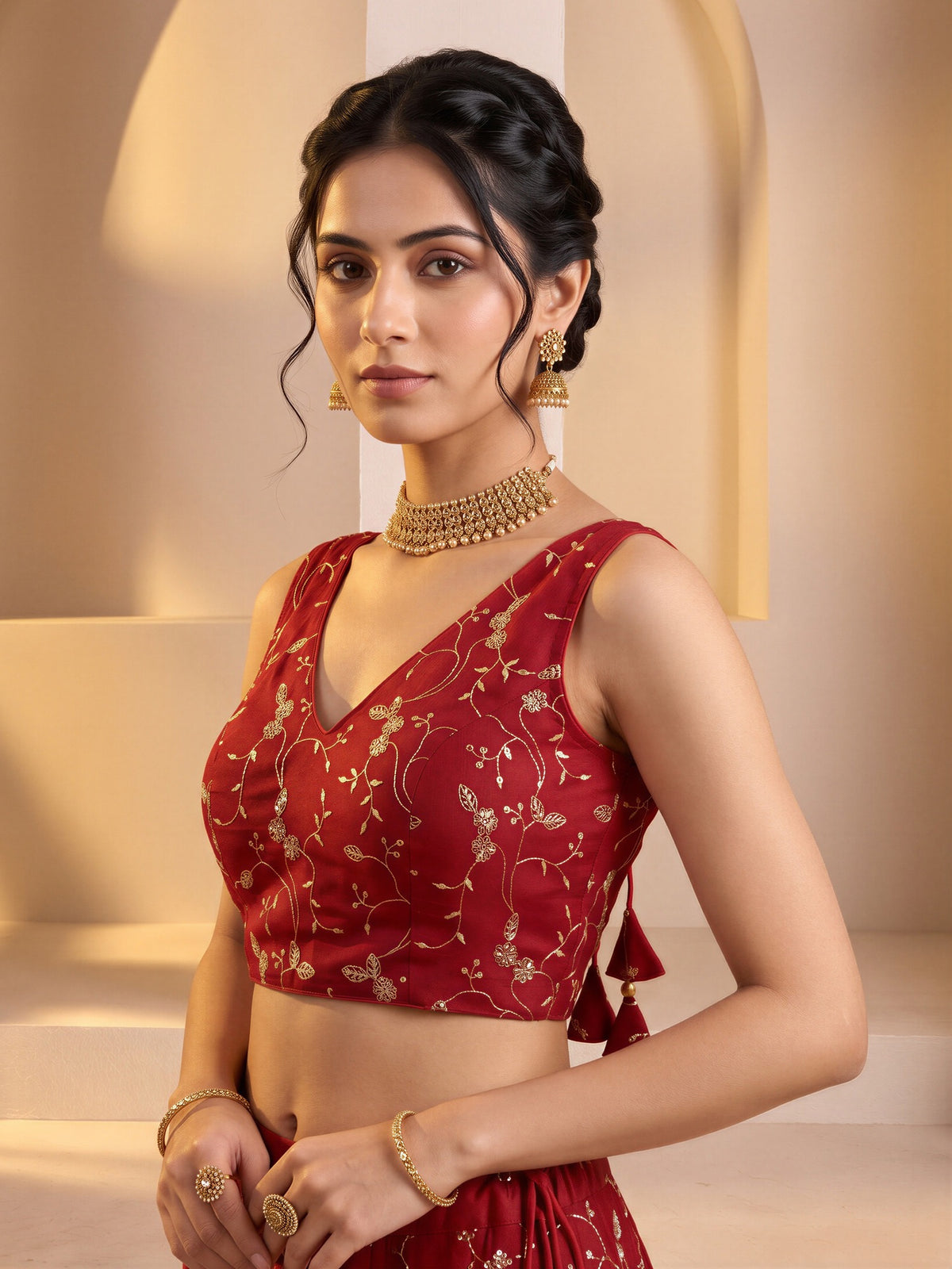 Red sequin embroidered vichitra silk sleeveless readymade saree blouse with v neck