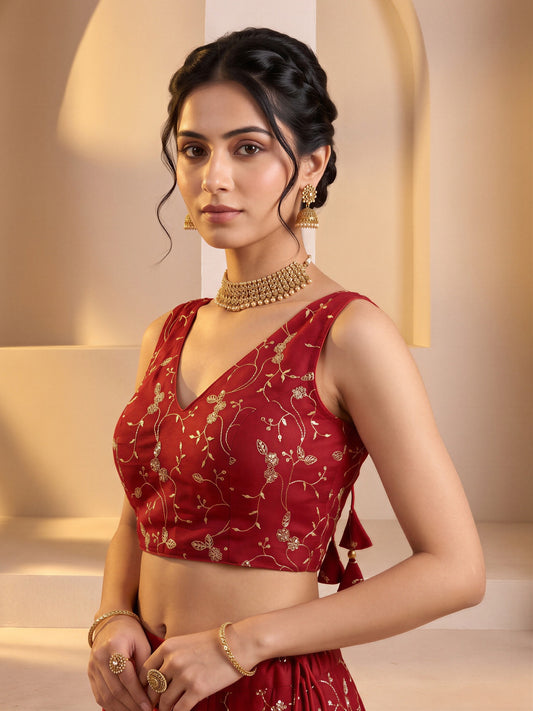 Red sequin embroidered vichitra silk sleeveless readymade saree blouse with v neck