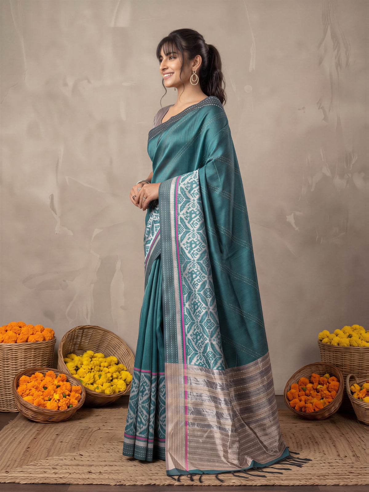 Teal Blue Silk Cotton saree – detail view 2