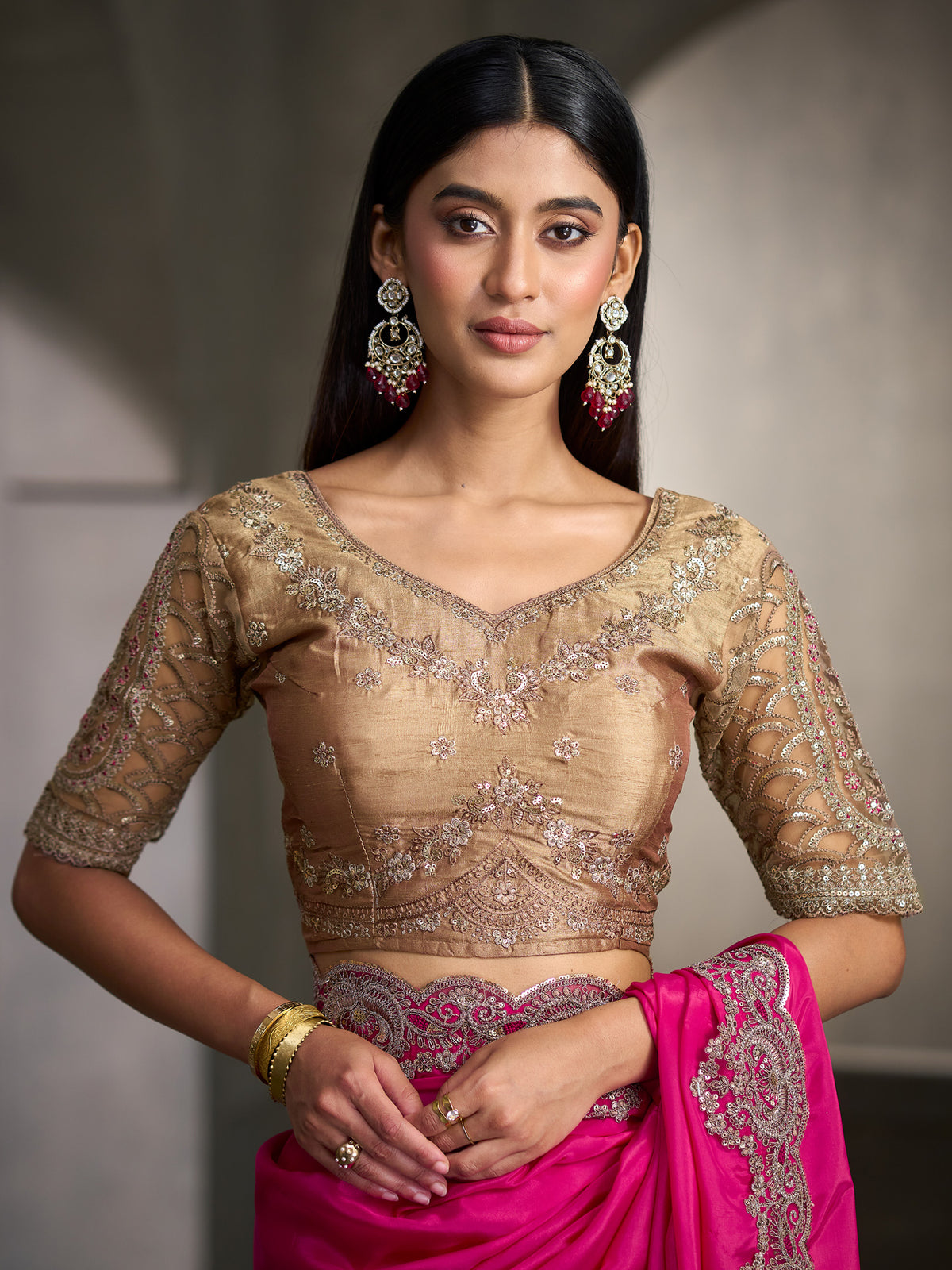 Unstitched beige tussar silk blouse piece with embellished design