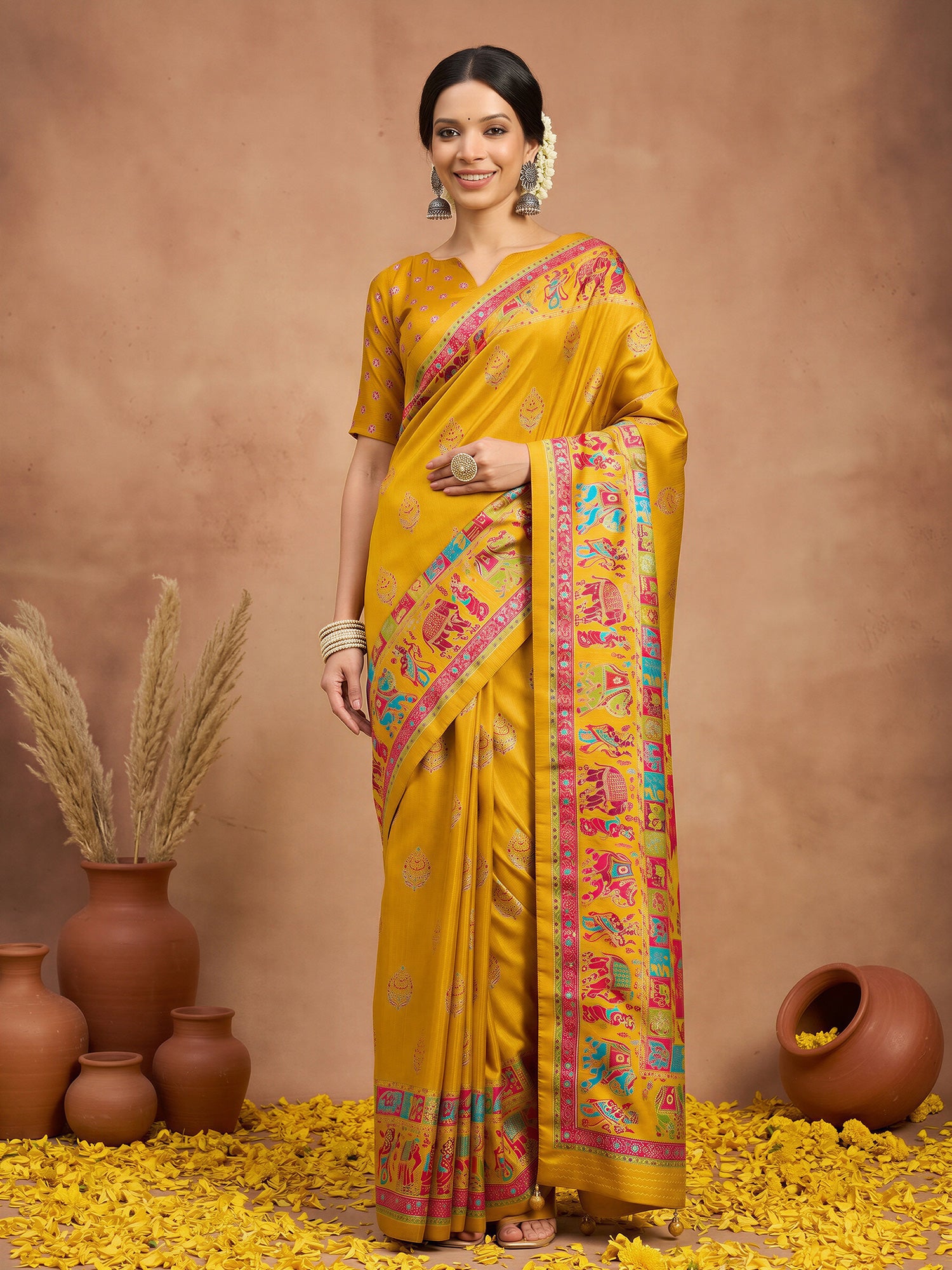 Woman wearing yellow silk blend saree with metallic foil print work and yellow blouse