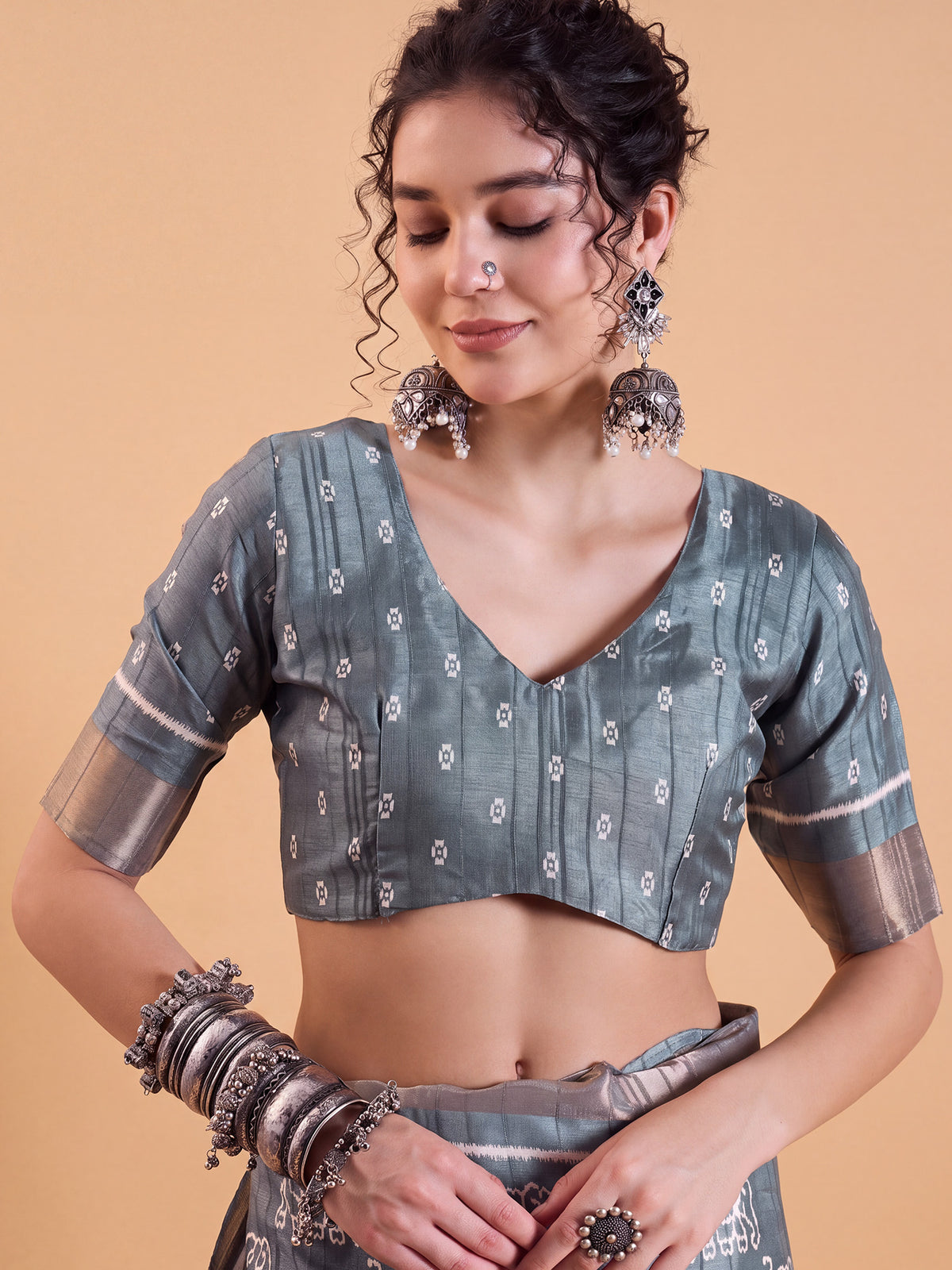 Unstitched sea green silk blend blouse piece with floral design