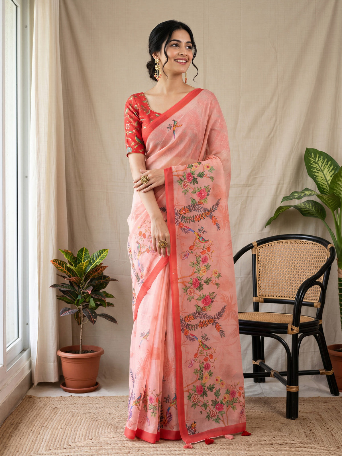 Pink Linen Blend saree – detail view 3