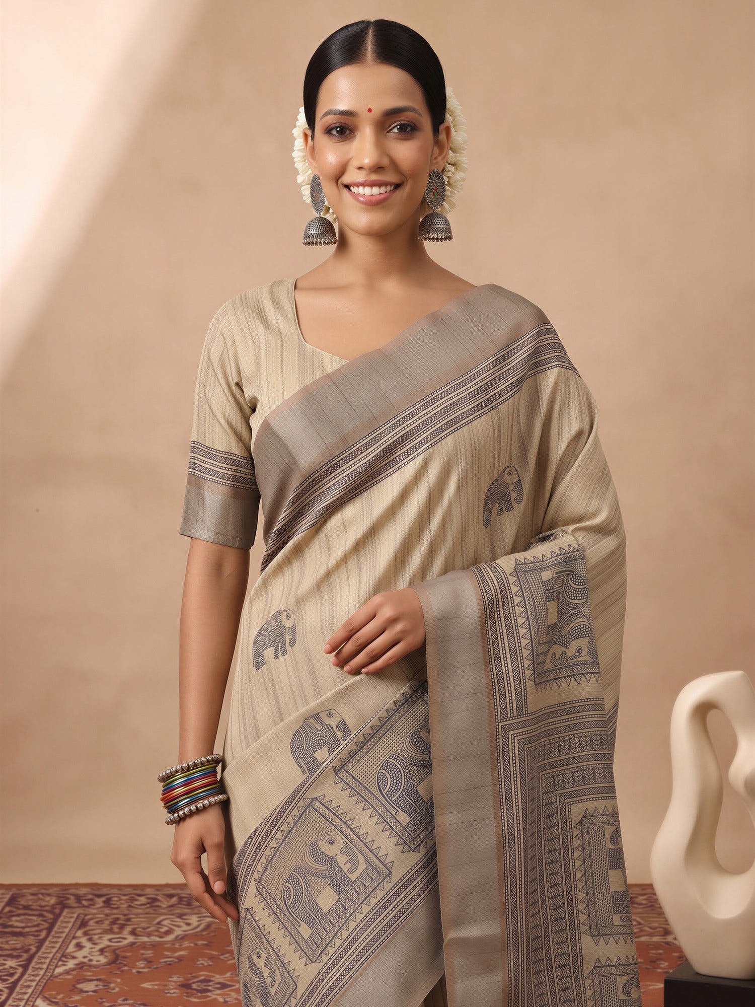 Cream Satin Silk saree – detail view 4