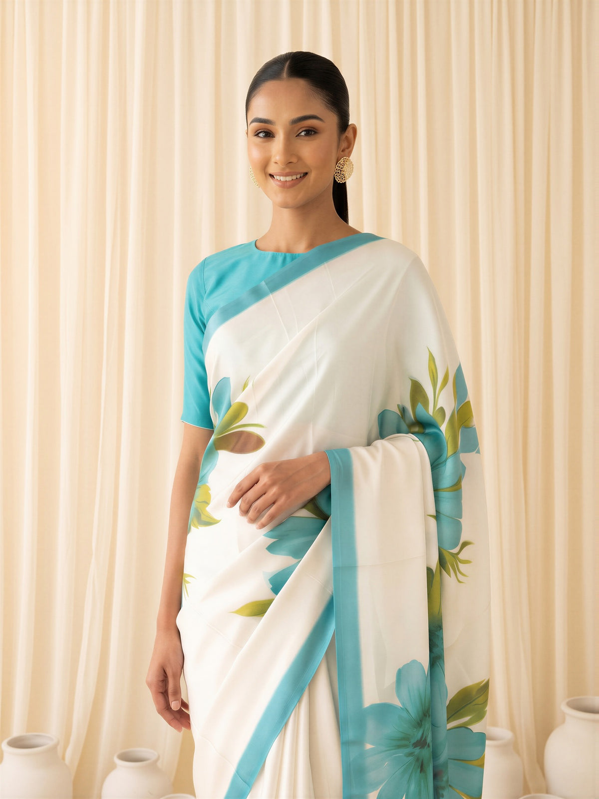 Turquoise Chiffon saree – detail view 4