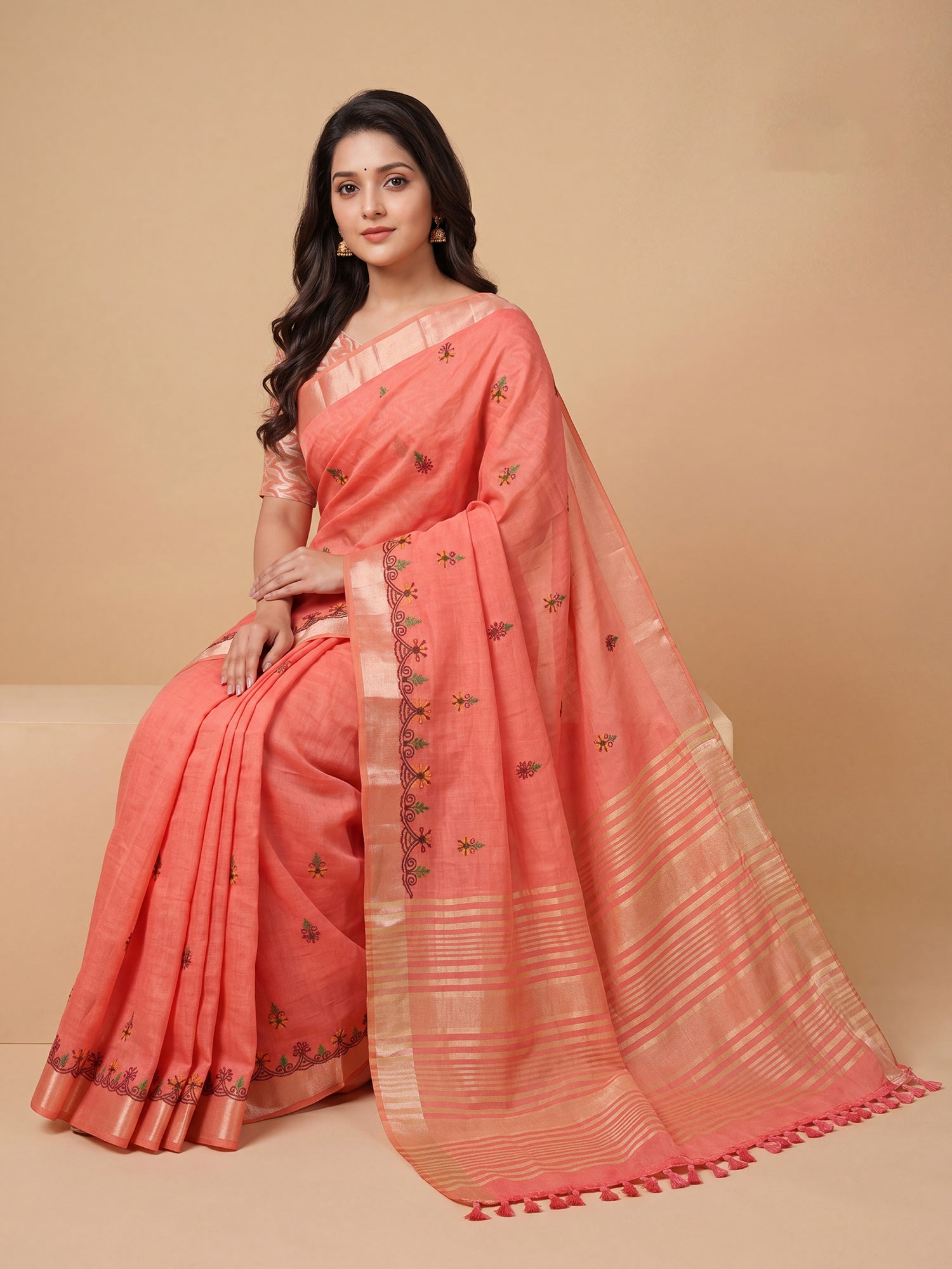 Peach Cotton Linen saree – detail view 3