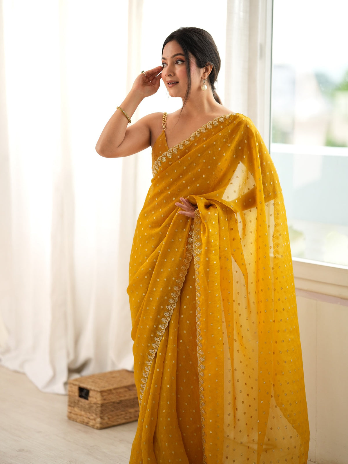 Mustard Georgette saree – detail view 1