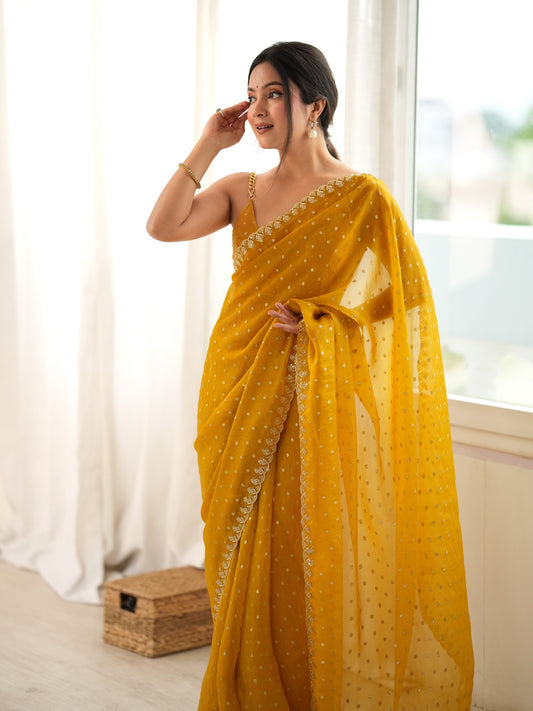 Mustard Georgette saree – detail view 1