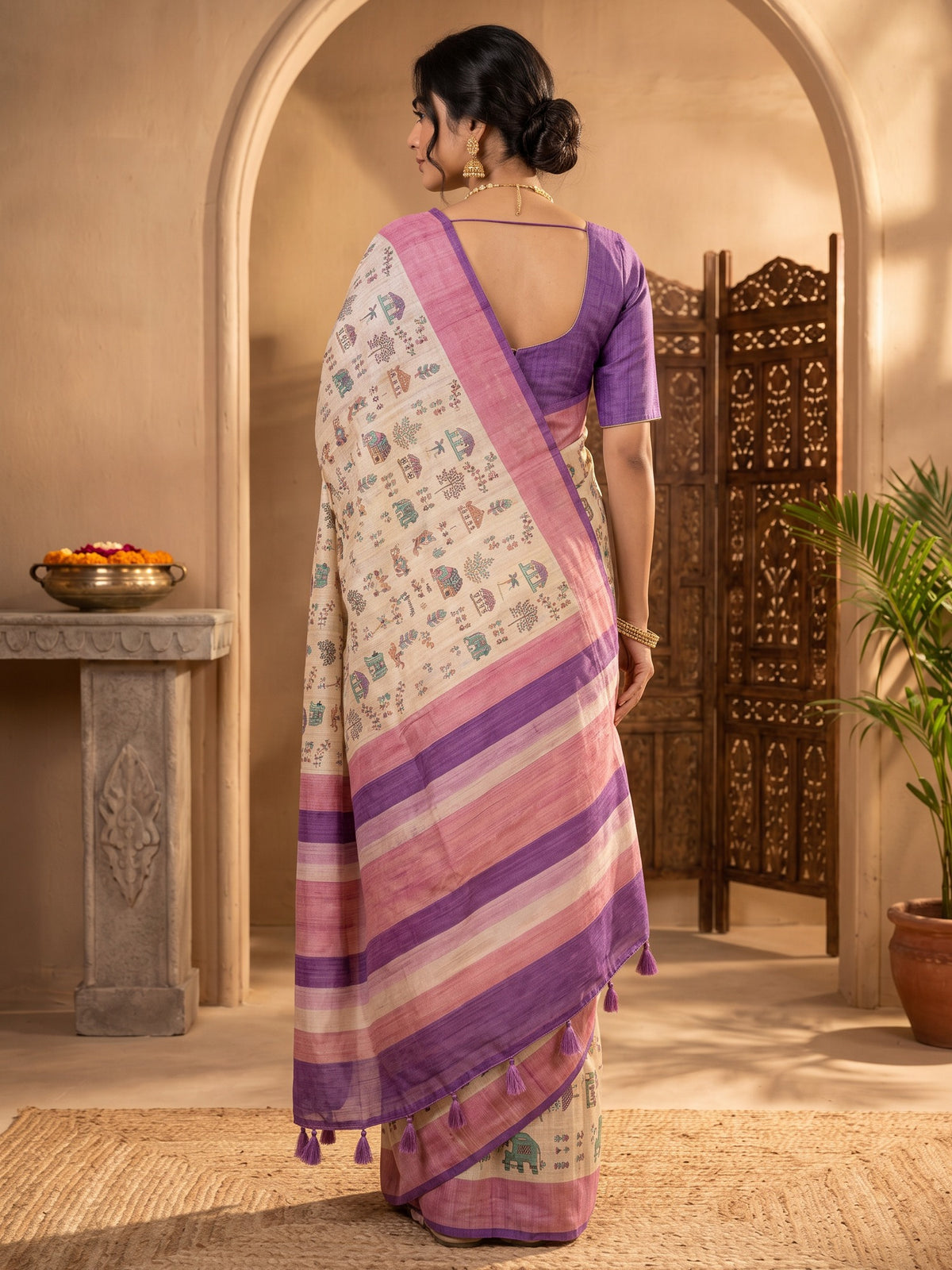 Beige soft silk saree view 1