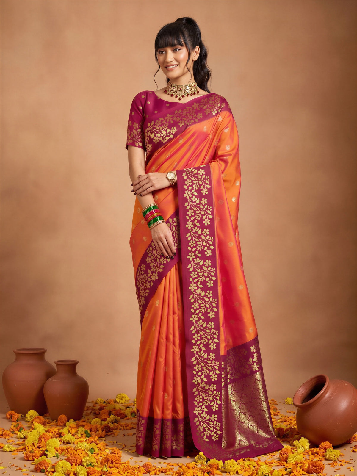 Orange Cotton Blend saree – detail view 3