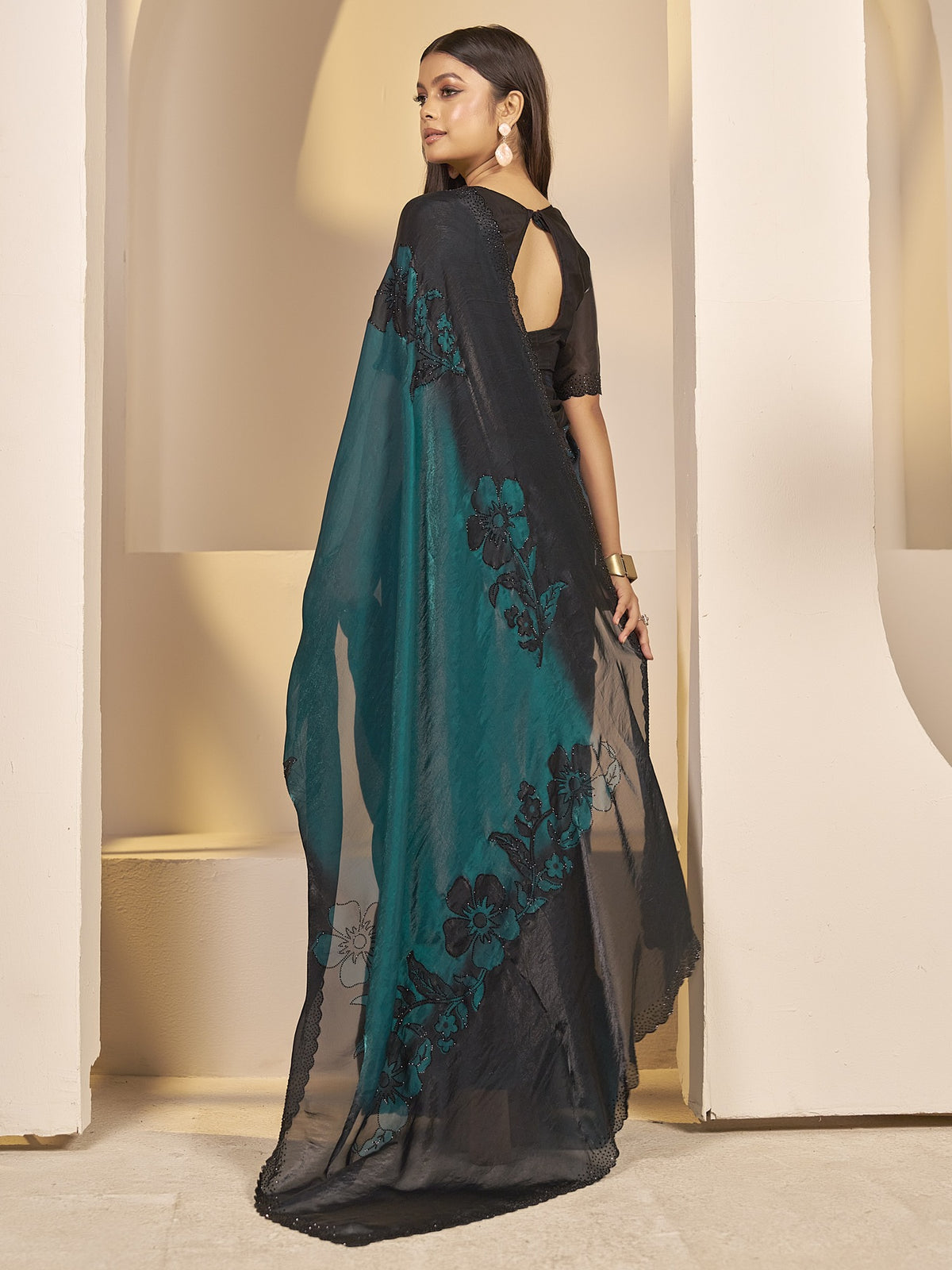 Teal satin silk saree view 2