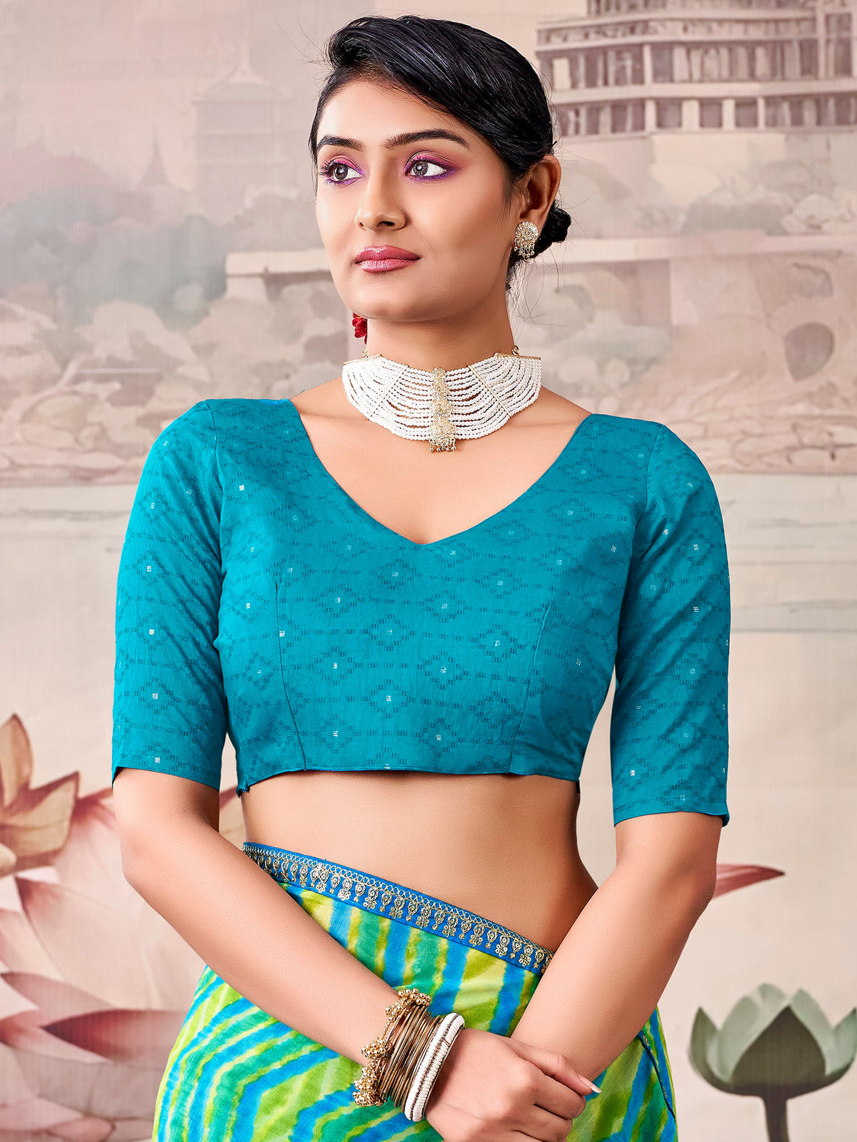 Unstitched teal blue georgette blouse piece with zari butta design